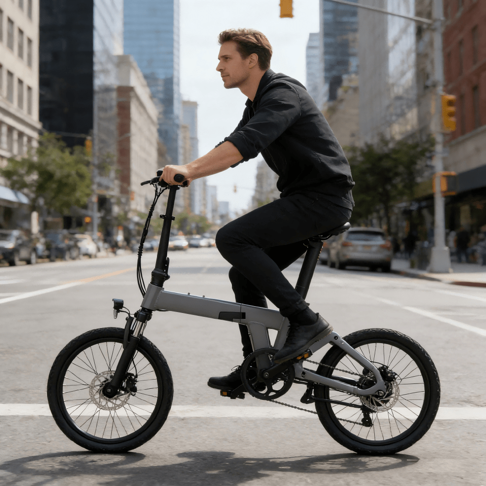 Uomo alla guida della bici elettrica pieghevole YANGOR H19 in colore grigio in una strada