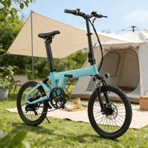 Bici elettrica pieghevole YANGOR H19 vista di lato su un prato in colore azzurro