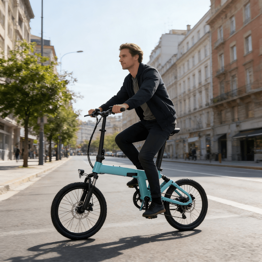 Uomo alla guida della bici elettrica pieghevole YANGOR H19 in città in colore azzurro