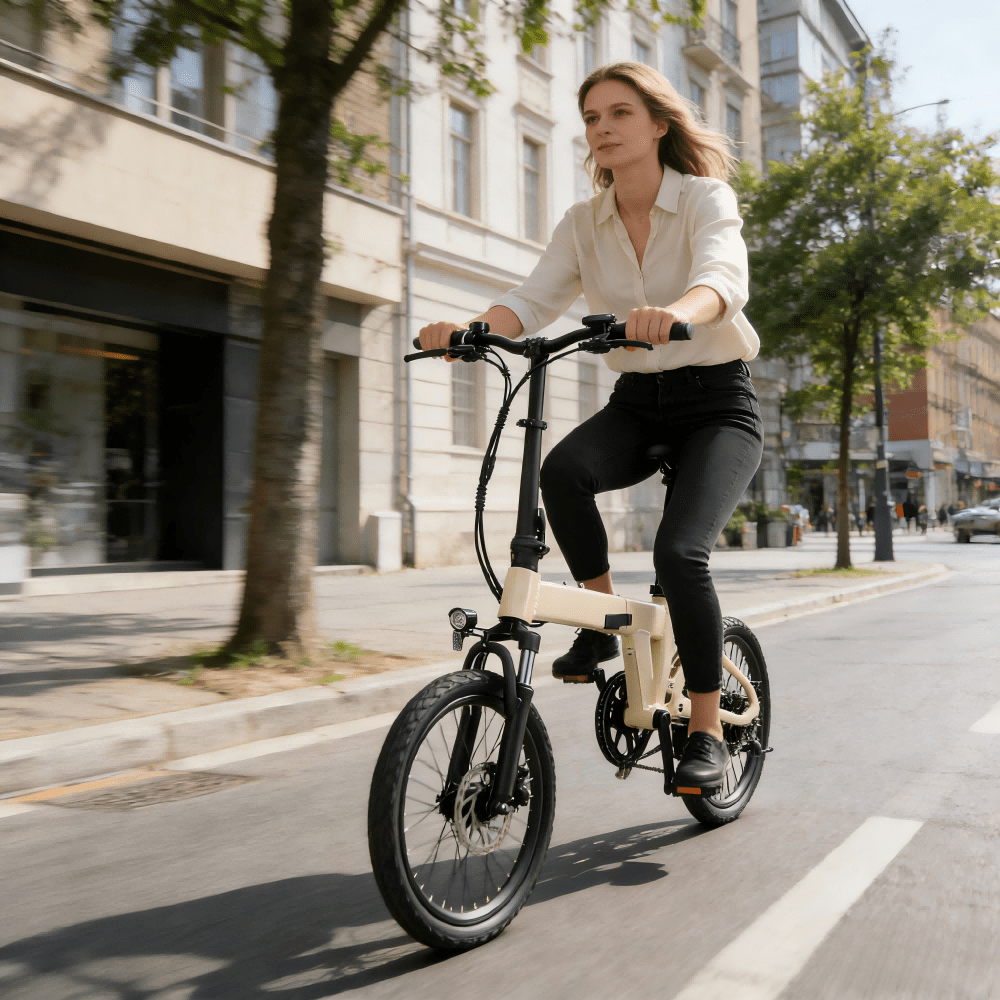 Donna alla guida della bici elettrica pieghevole YANGOR H19 in colore beige in città