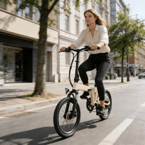 Donna alla guida della bici elettrica pieghevole YANGOR H19 in colore beige in città