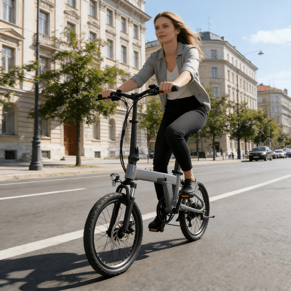 Donna alla guida della bici elettrica pieghevole YANGOR H19 in colore grigio in città