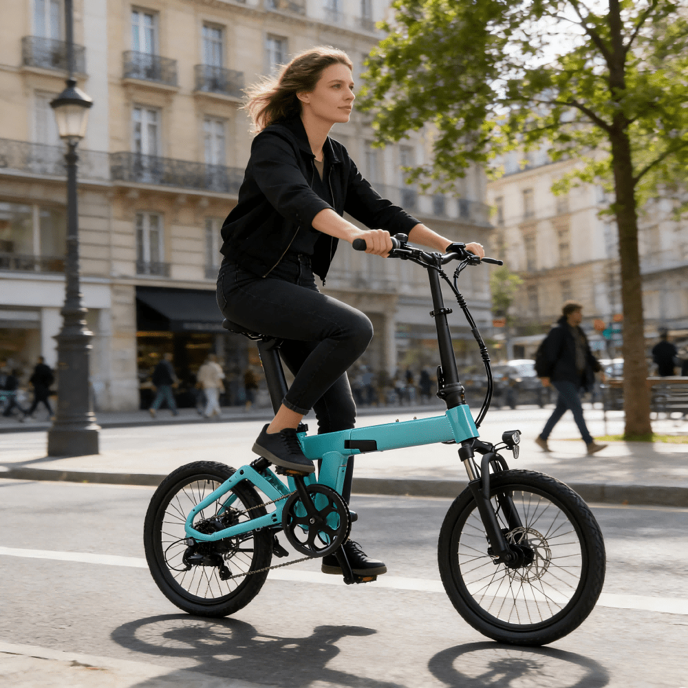 Donna alla guida della bici elettrica pieghevole YANGOR H19 in una strada in colore azzurro