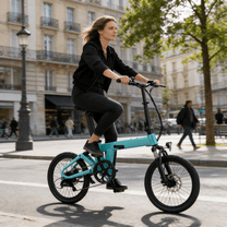 Donna alla guida della bici elettrica pieghevole YANGOR H19 in una strada in colore azzurro