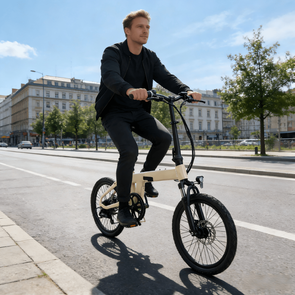 Uomo alla guida della bici elettrica pieghevole YANGOR H19 in colore beige in città