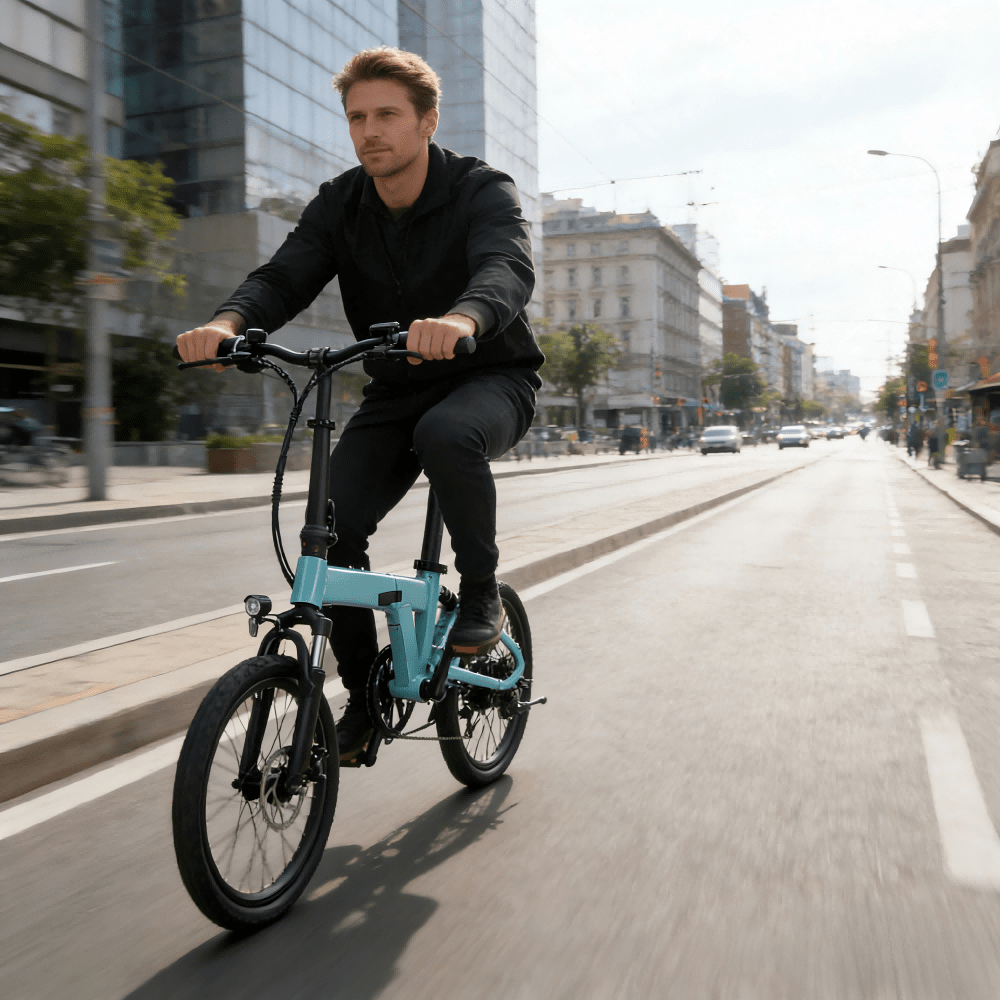 Uomo alla guida della bici elettrica pieghevole YANGOR H19 di fronte in città in colore azzurro