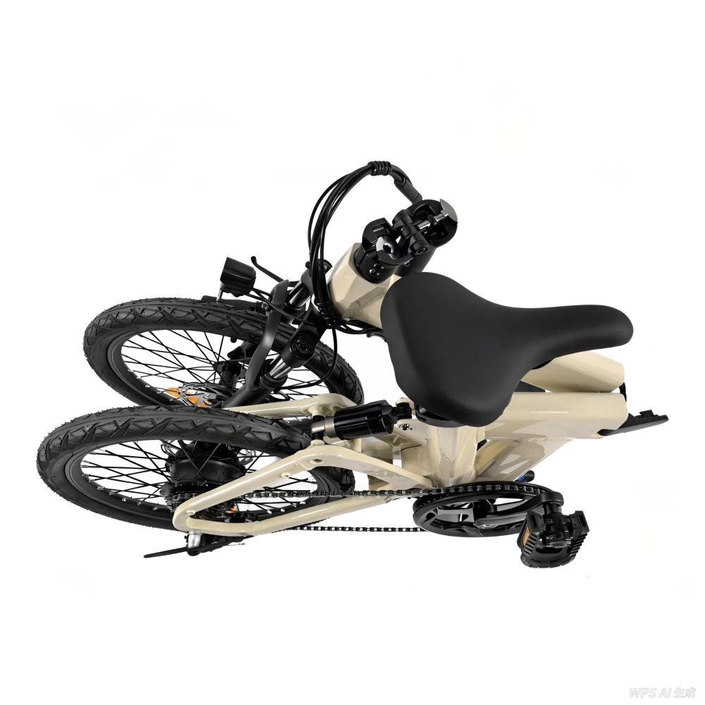 Bici elettrica pieghevole YANGOR H19 piegata, in vista laterale in colore beige