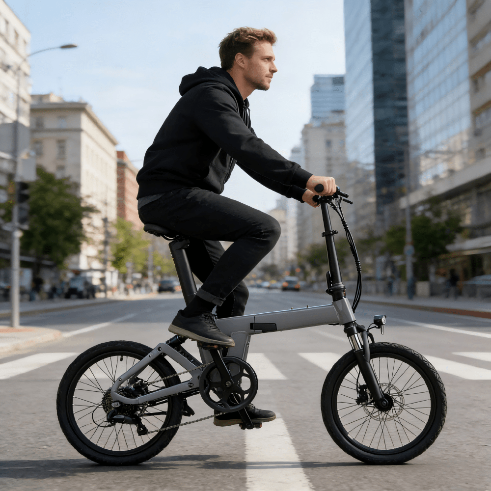 Uomo alla guida della bici elettrica pieghevole YANGOR H19 di fronte in colore grigio in città