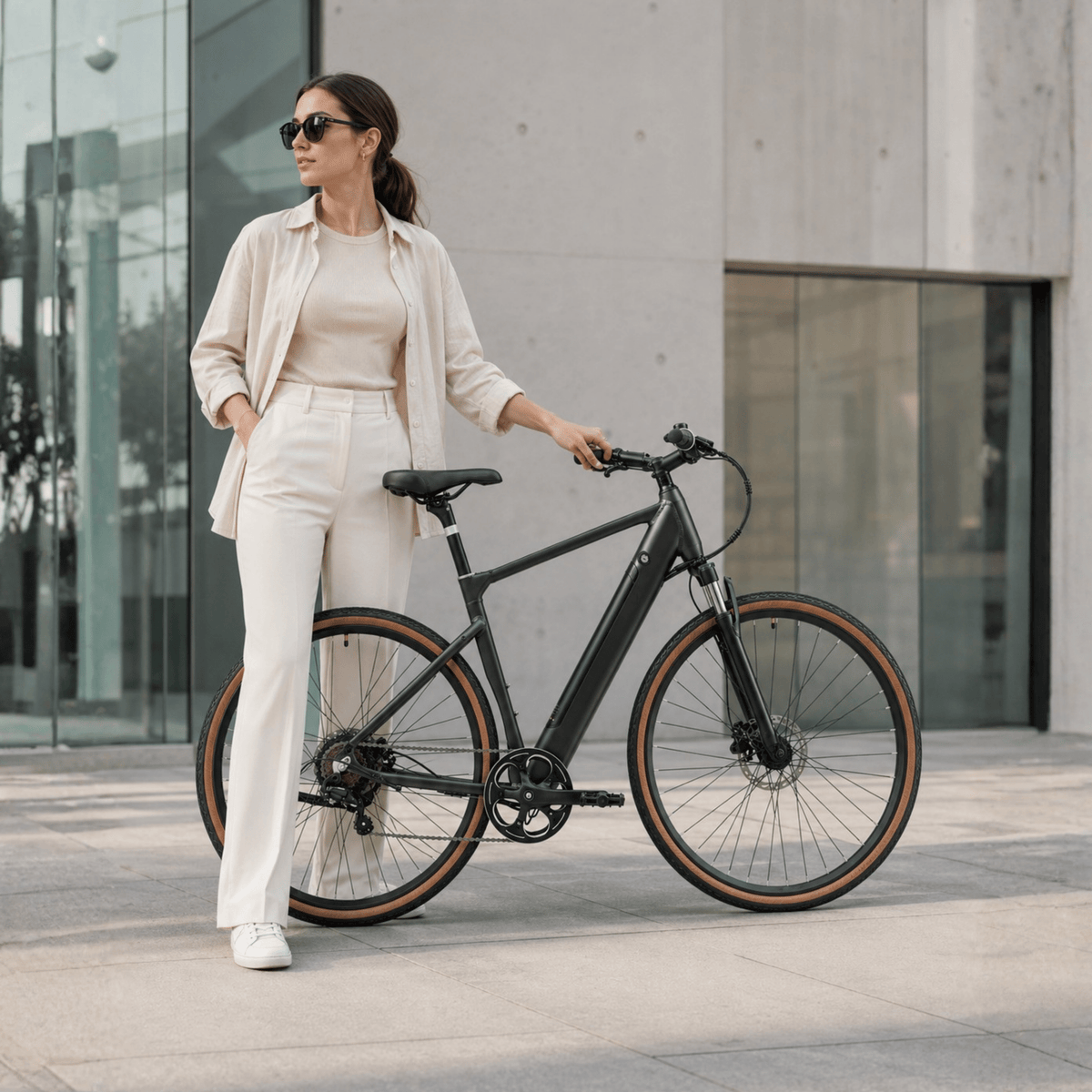 Donna in piedi con la bici elettrica YANGOR H700 in colore nero in città