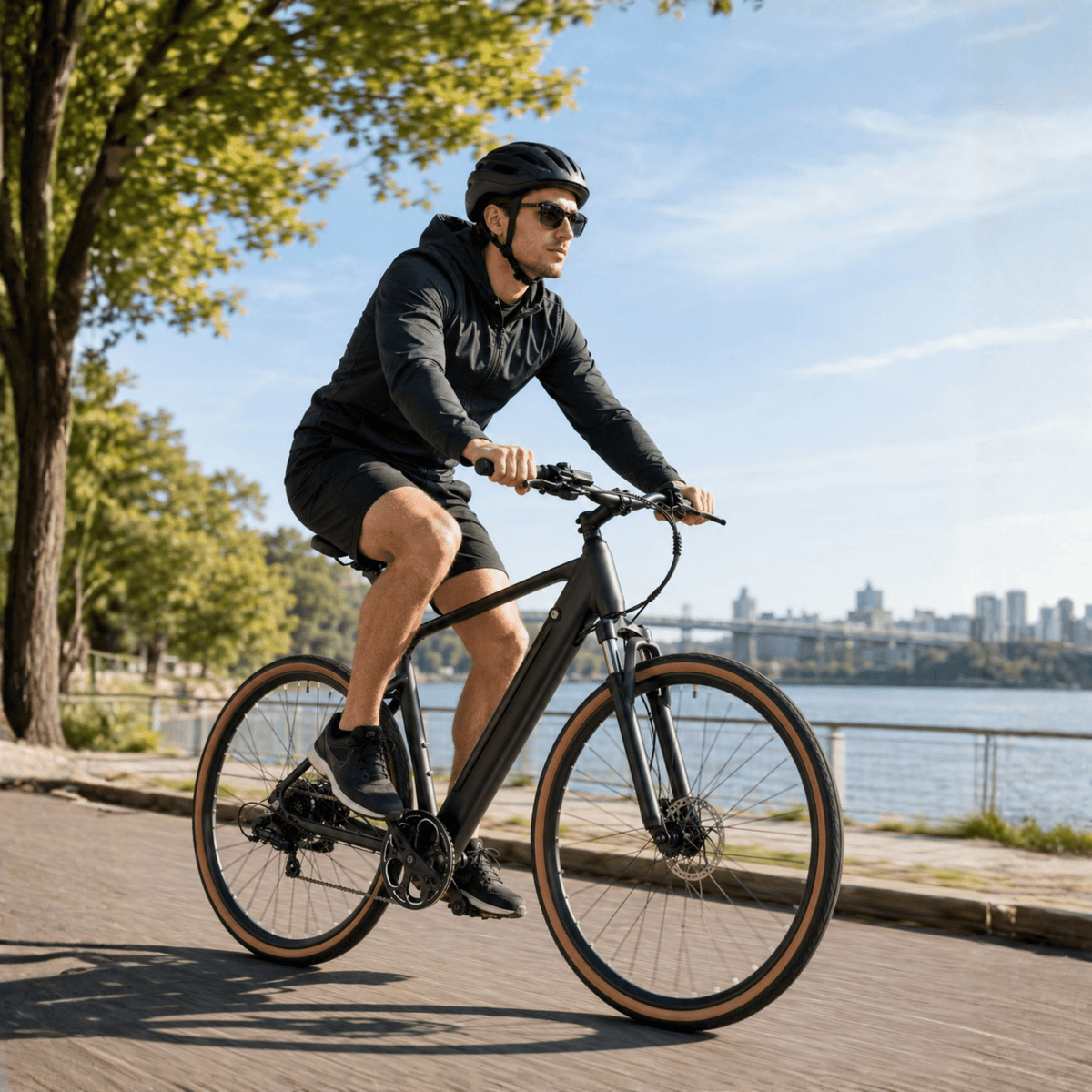 Uomo alla guida della bici elettrica YANGOR H700 in colore nero in riva a un lago