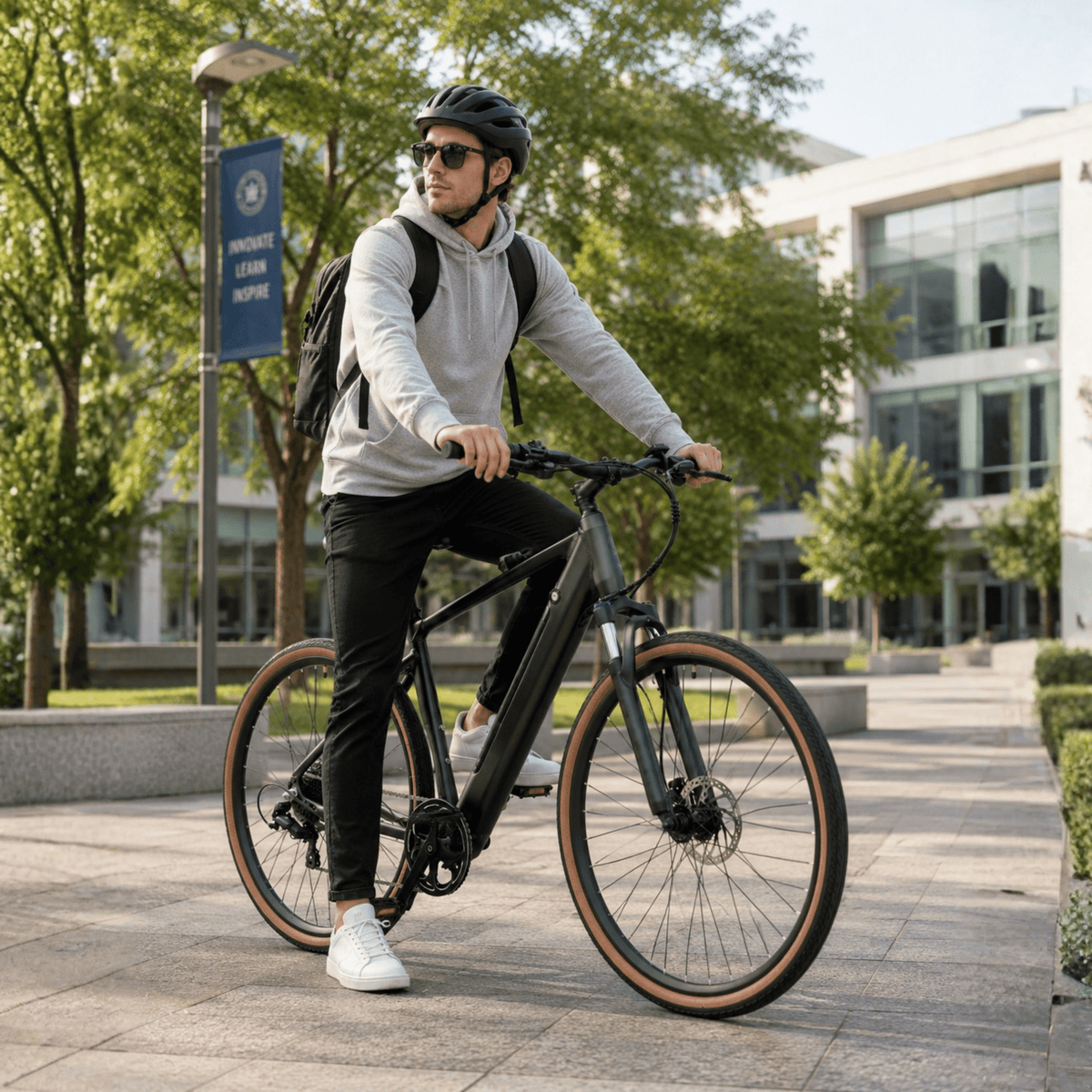 Uomo alla guida della bici elettrica YANGOR H700 in colore nero in una strada
