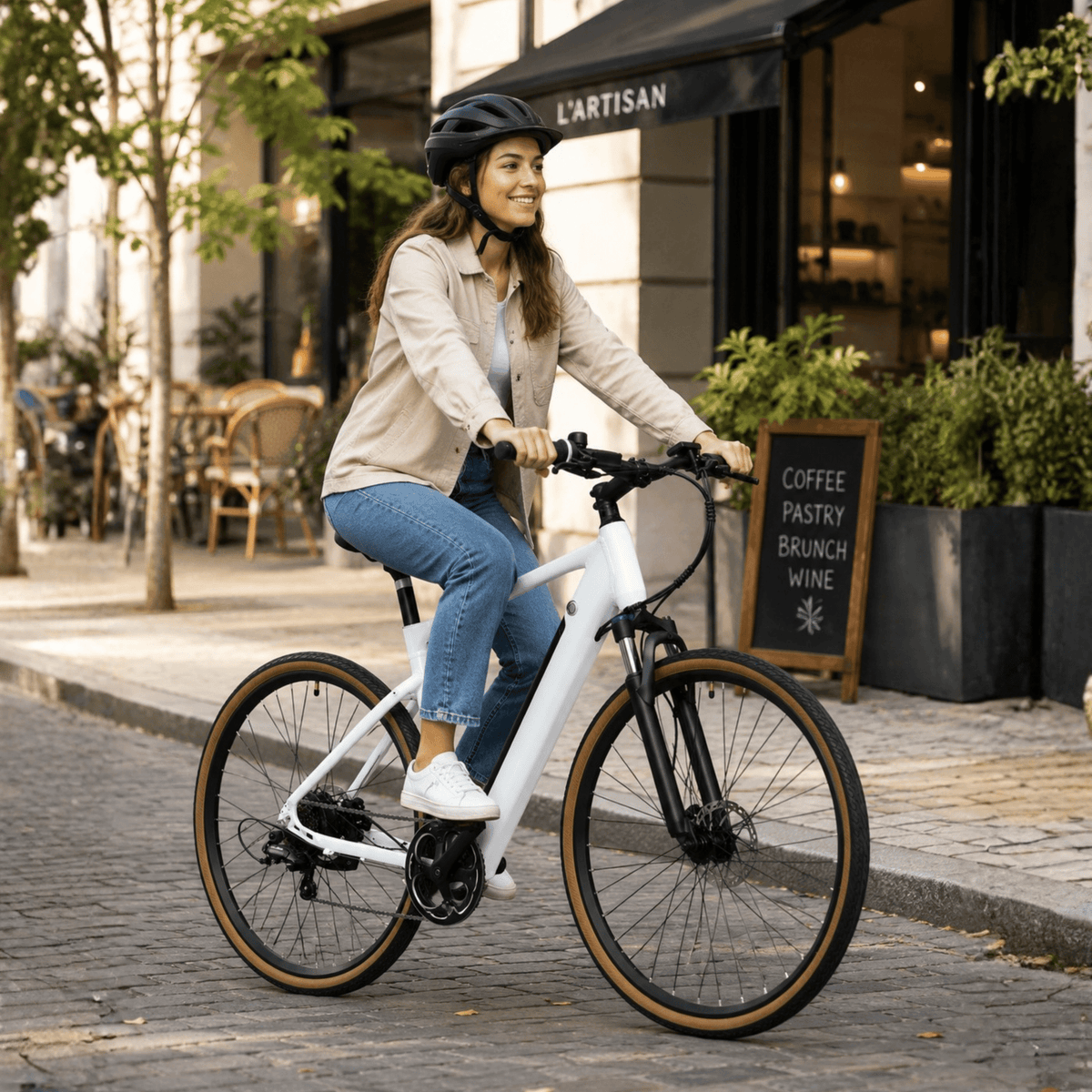 Donna alla guida della bici elettrica YANGOR H700 in colore bianco in città