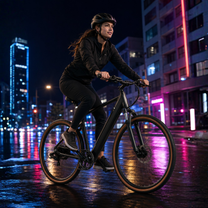 Donna alla guida della bici elettrica YANGOR H700 in colore nero in città in un ambiente serale