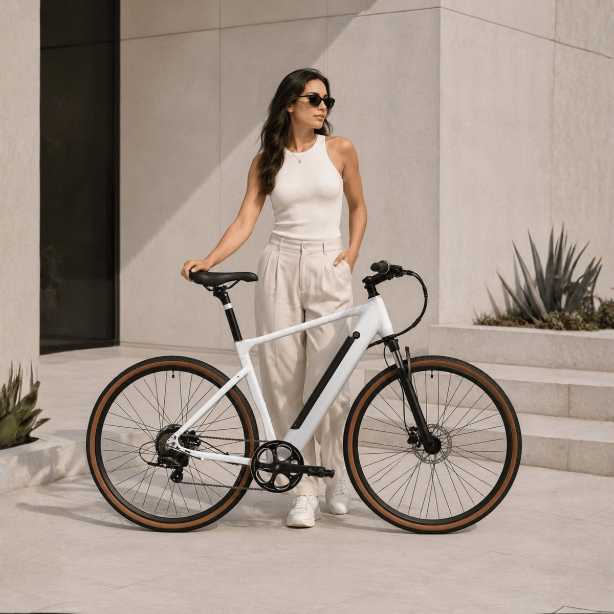Donna in piedi con la bici elettrica YANGOR H700 in colore bianco