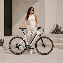 Donna in piedi con la bici elettrica YANGOR H700 in colore bianco