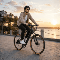 Uomo alla guida della bici elettrica YANGOR H700 in colore nero al tramonto