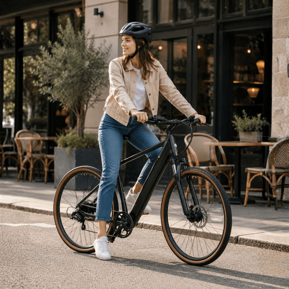 Donna alla guida della bici elettrica YANGOR H700 in colore nero in città