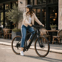 Donna alla guida della bici elettrica YANGOR H700 in colore nero in città