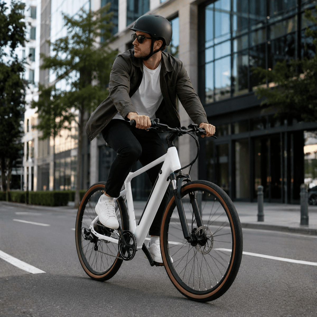 Uomo alla guida della bici elettrica YANGOR H700 in colore bianco in città