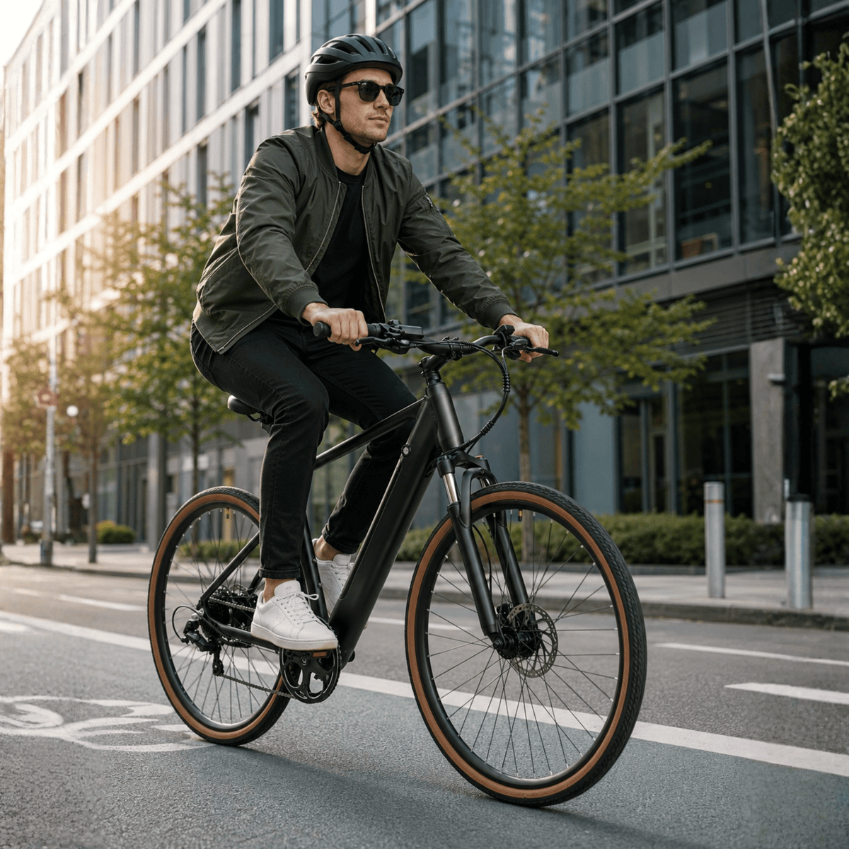 Uomo alla guida della bici elettrica YANGOR H700 in colore nero in città