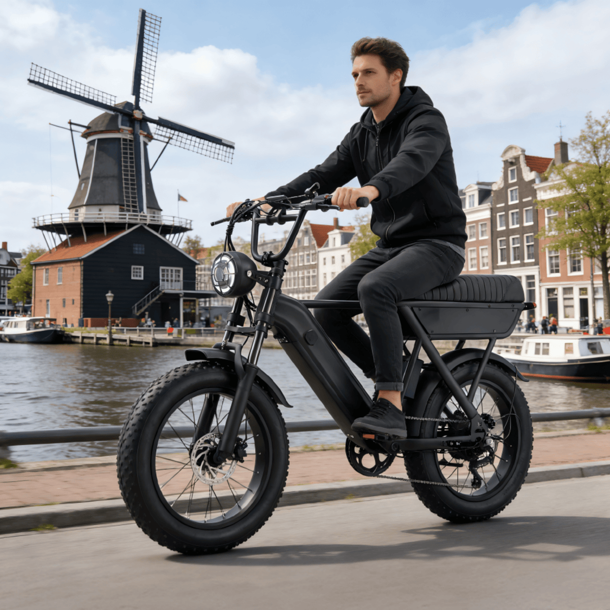 Uomo alla guida della fat bike elettrica YANGOR Y20 in vista laterale in colore nero in riva a un lago