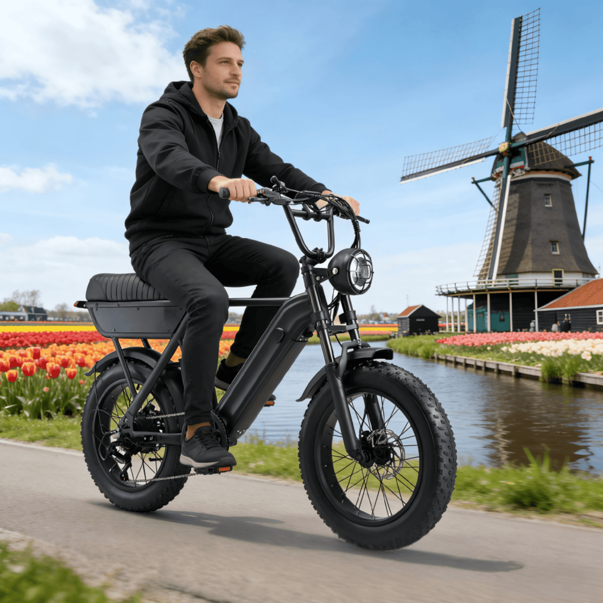 Uomo alla guida della fat bike elettrica YANGOR Y20 in colore nero in un parco