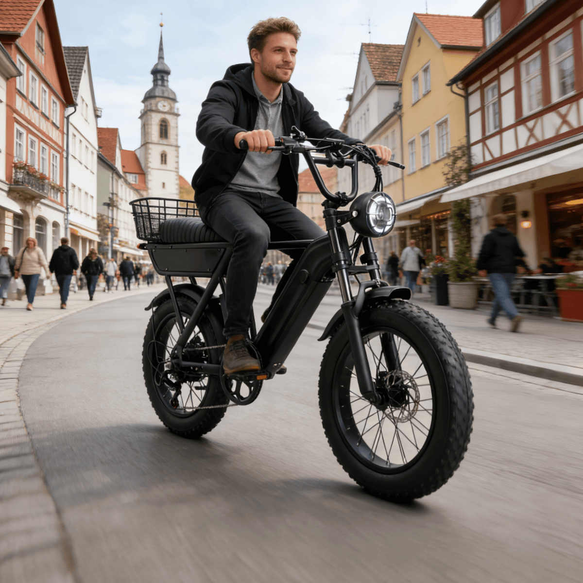 Uomo alla guida della fat bike elettrica YANGOR Y20 di fronte in colore nero in una strada