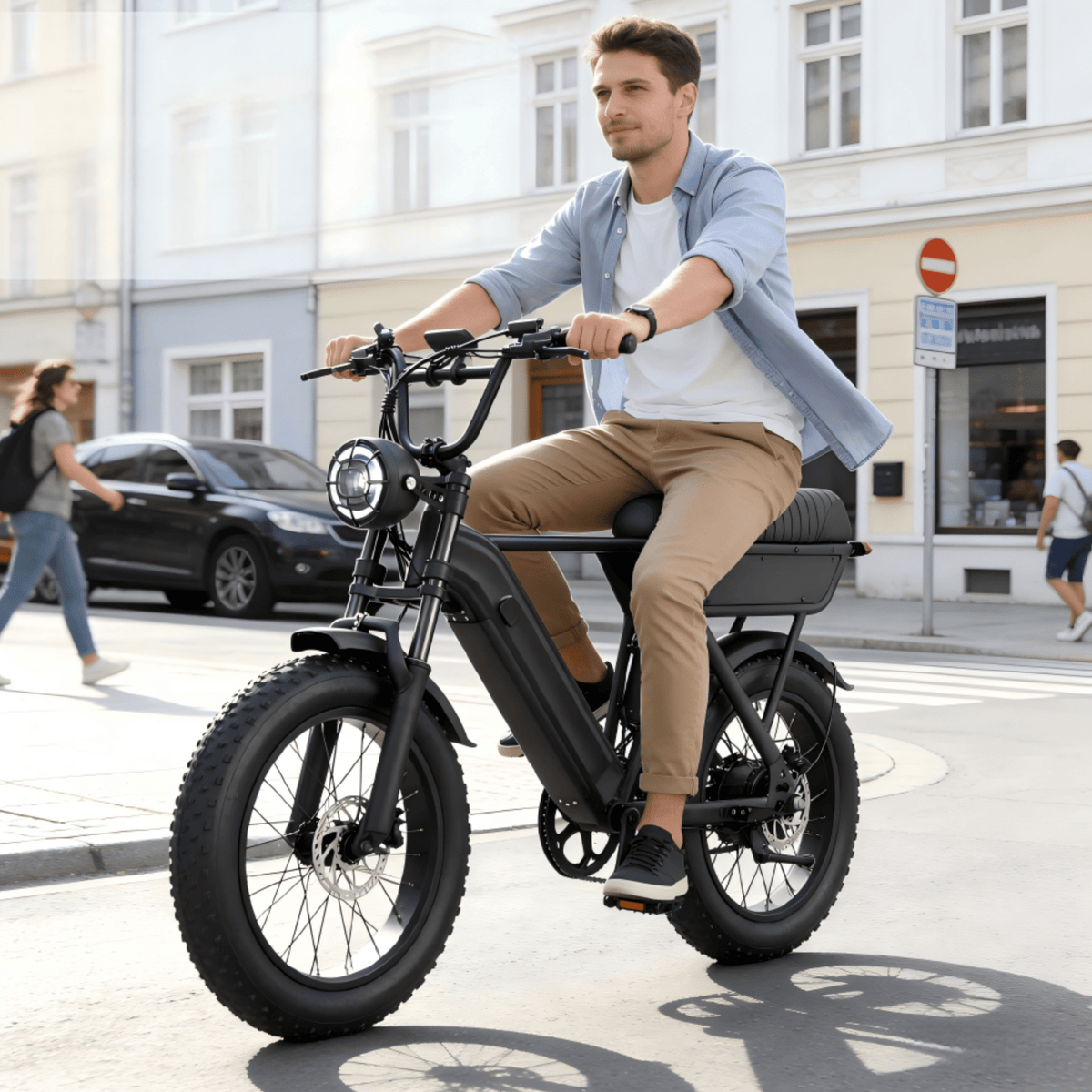 Uomo alla guida della fat bike elettrica YANGOR Y20 in colore nero in una strada