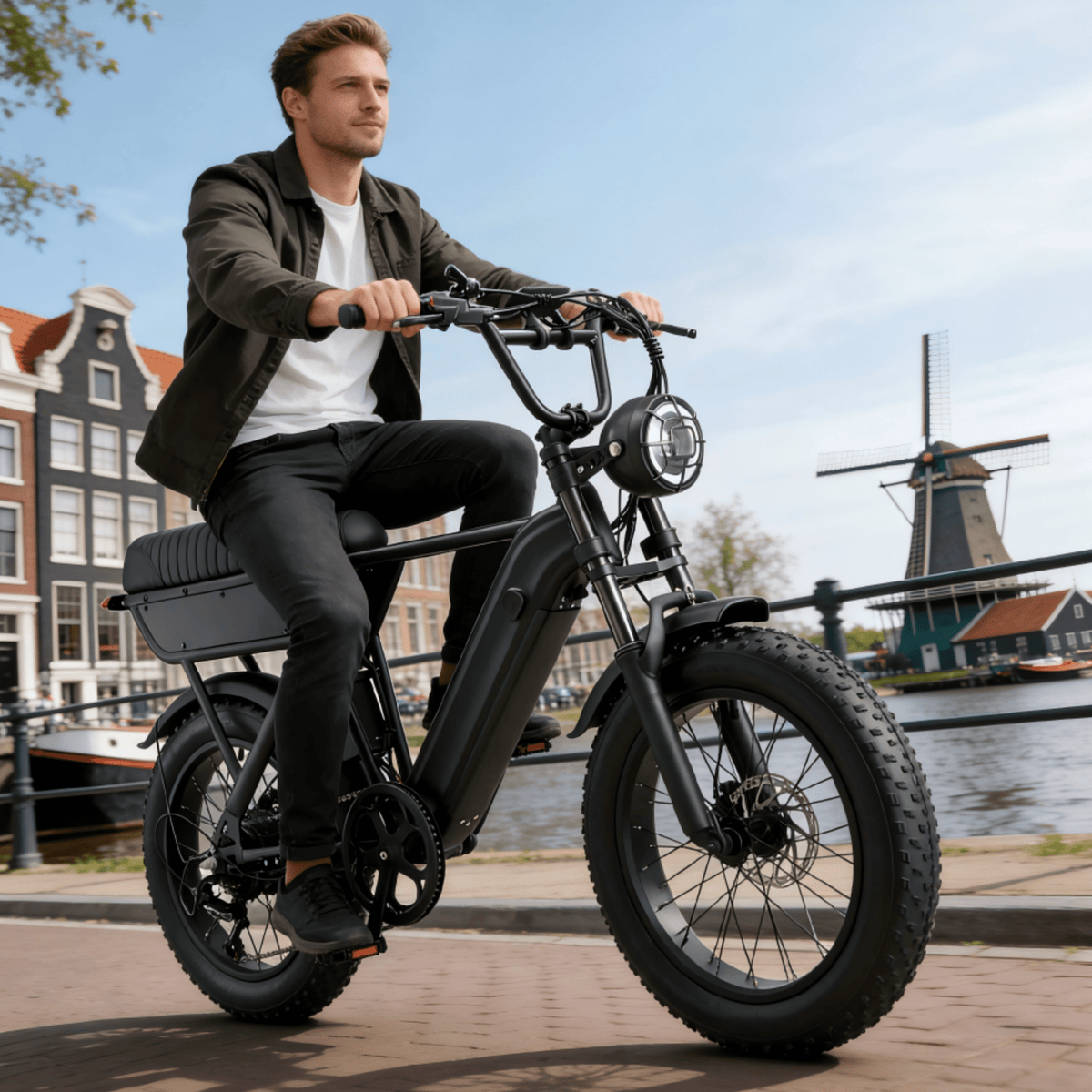 Uomo alla guida della fat bike elettrica YANGOR Y20 in colore nero in riva a un lago
