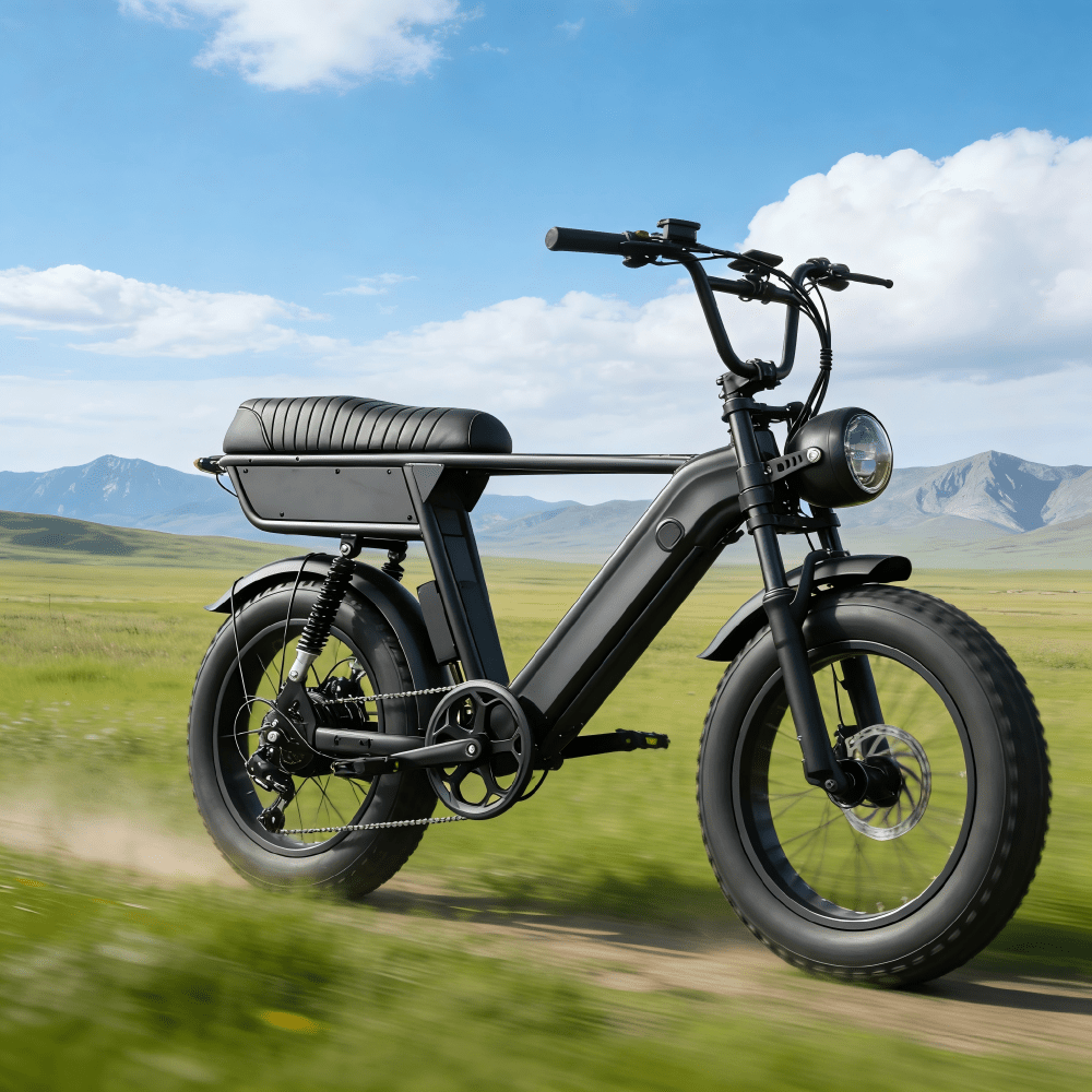 Fat bike elettrica YANGOR Y20 Plus vista di tre quarti in colore nero su un prato