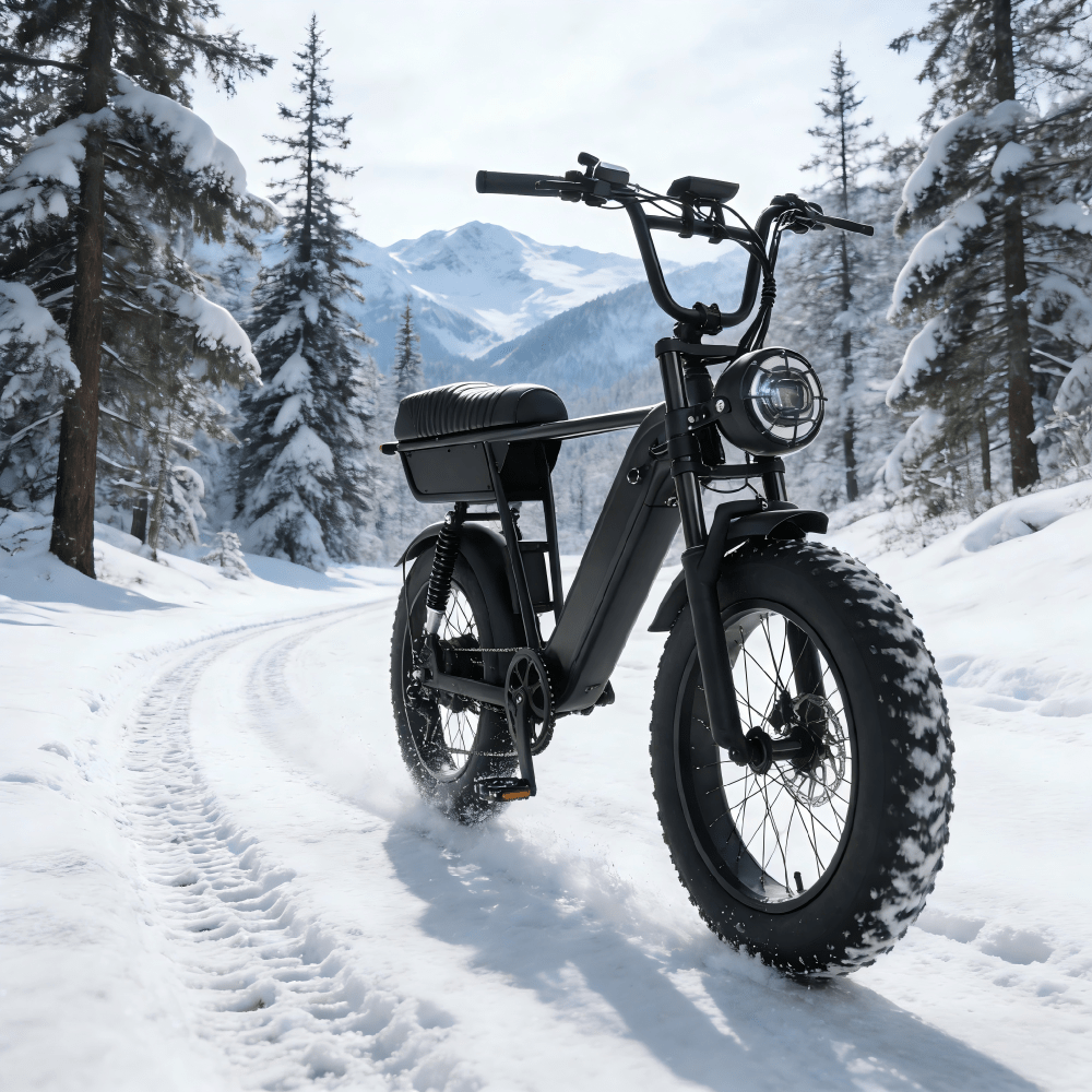 Fat bike elettrica YANGOR Y20 Plus vista di tre quarti in colore nero sulla neve