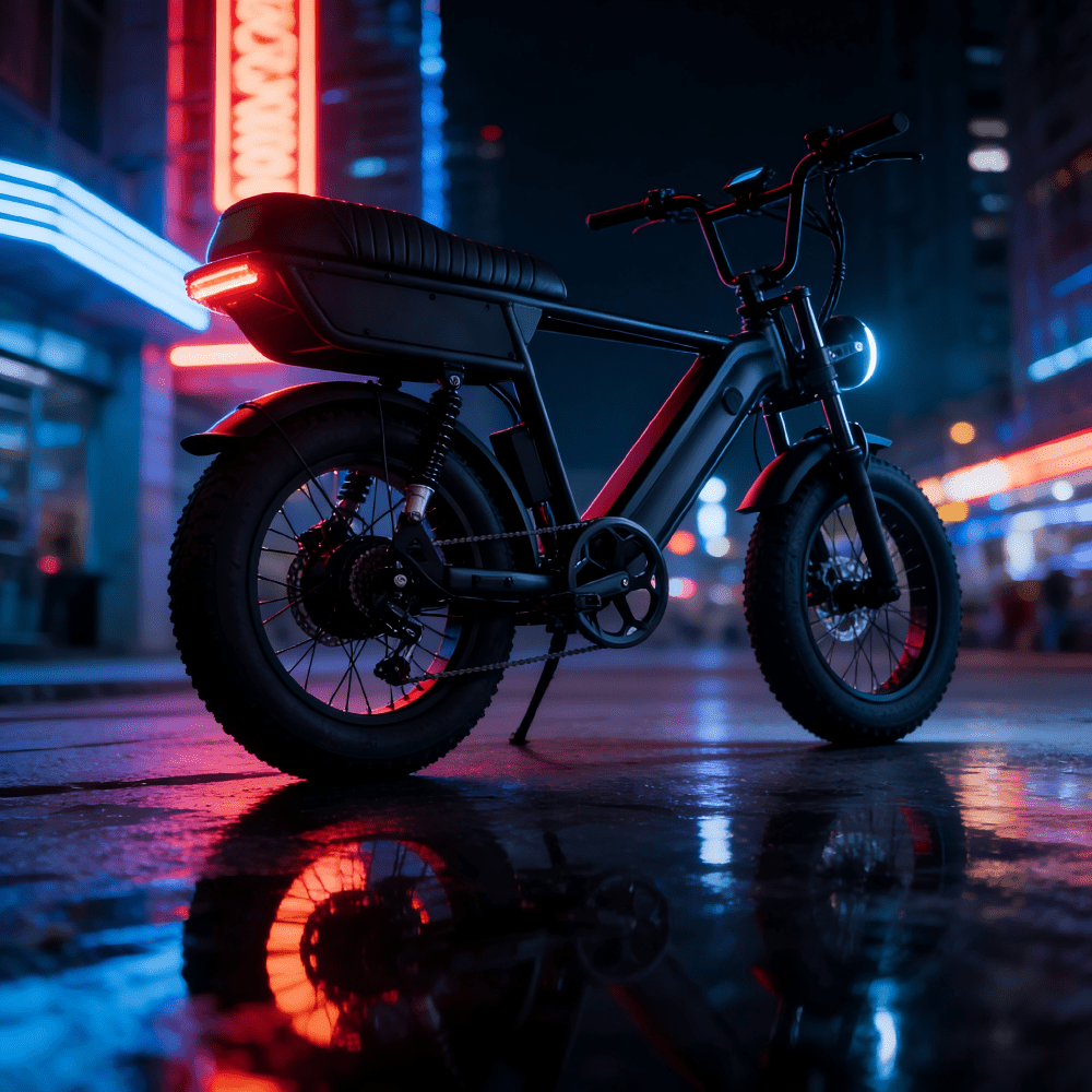 Fat bike elettrica YANGOR Y20 Plus vista di tre quarti in colore nero in città in un ambiente serale