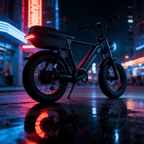 Fat bike elettrica YANGOR Y20 Plus vista di tre quarti in colore nero in città in un ambiente serale