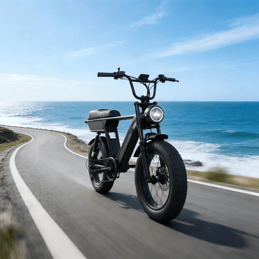Fat bike elettrica YANGOR Y20 Plus vista di tre quarti in colore nero su strada