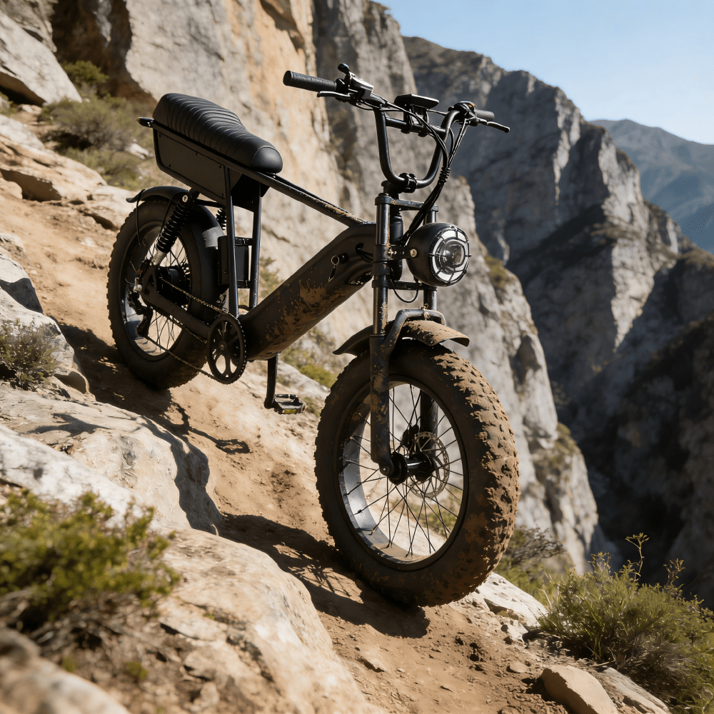 Fat bike elettrica YANGOR Y20 Plus vista di lato in colore nero in montagna