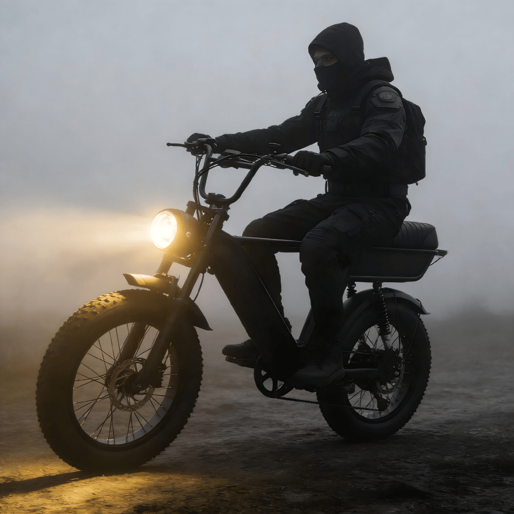 Uomo alla guida della fat bike elettrica YANGOR Y20 Plus in colore nero su terreno sabbioso