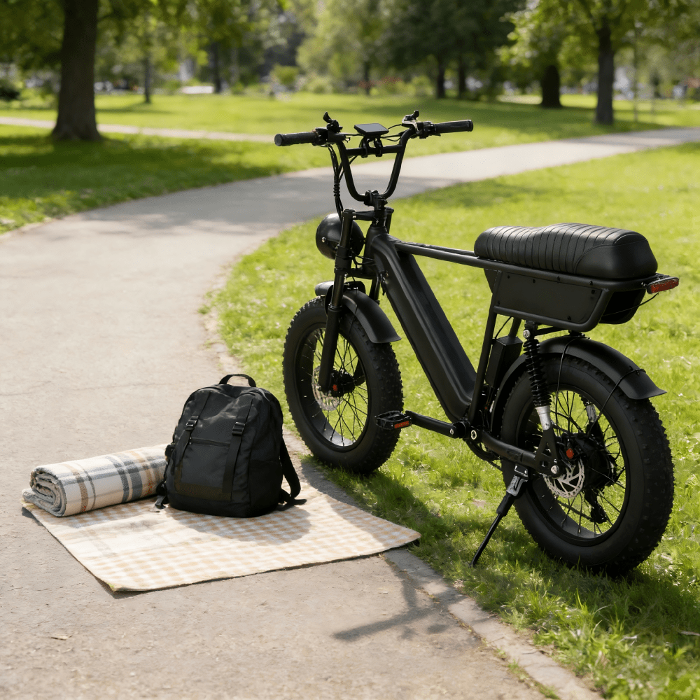Fat bike elettrica YANGOR Y20 Plus vista di tre quarti in colore nero in un parco