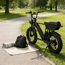 Fat bike elettrica YANGOR Y20 Plus vista di tre quarti in colore nero in un parco
