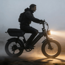 Uomo alla guida della fat bike elettrica YANGOR Y20 Plus in colore nero al tramonto