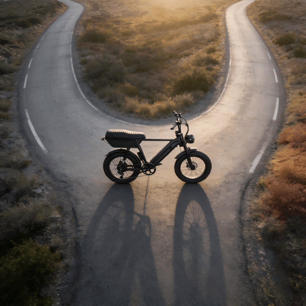 Fat bike elettrica YANGOR Y20 Plus vista di tre quarti in colore nero su strada dall'alto