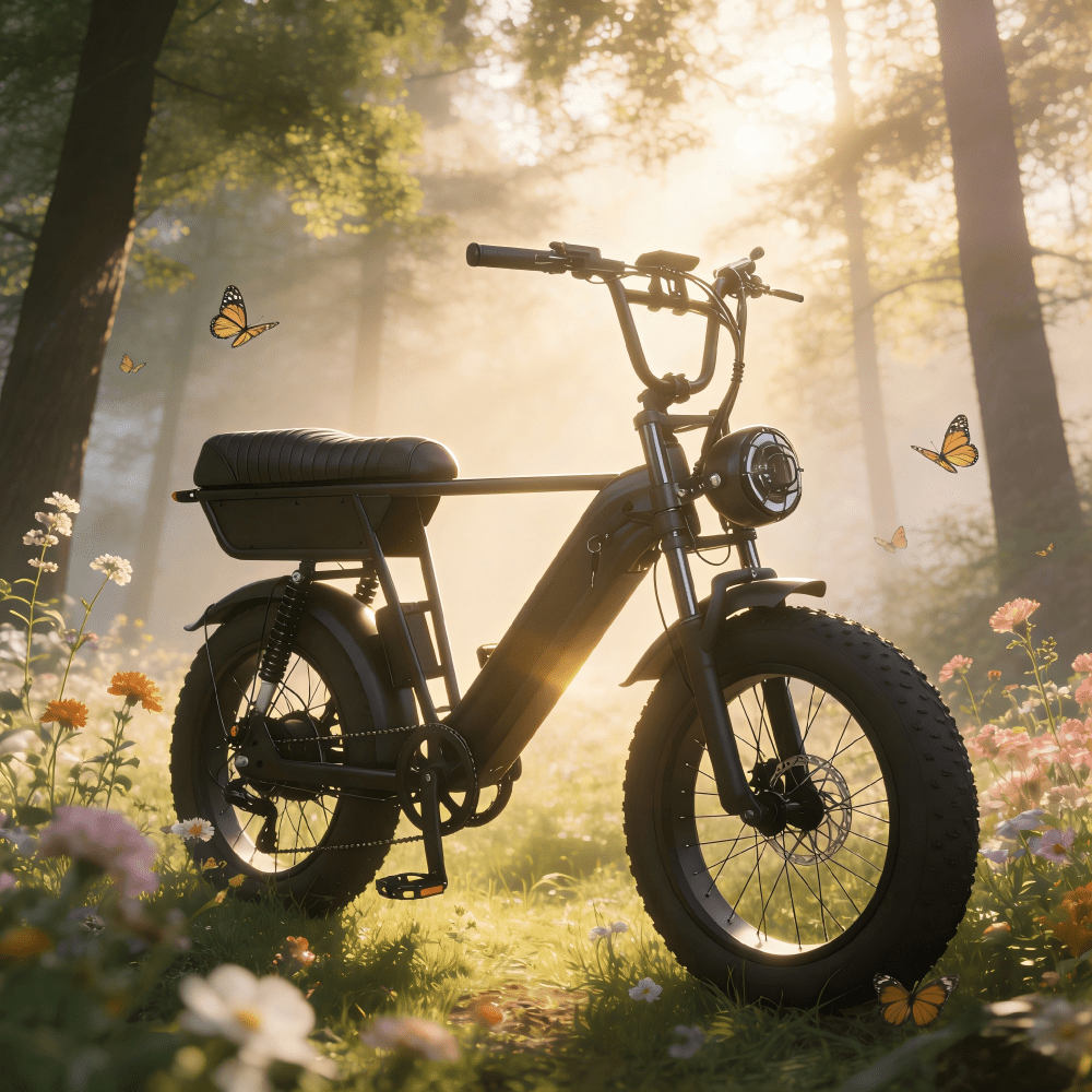 Fat bike elettrica YANGOR Y20 Plus vista di tre quarti in colore nero nel bosco
