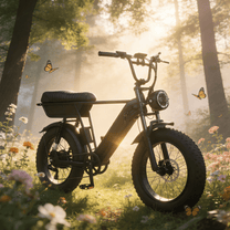 Fat bike elettrica YANGOR Y20 Plus vista di tre quarti in colore nero nel bosco
