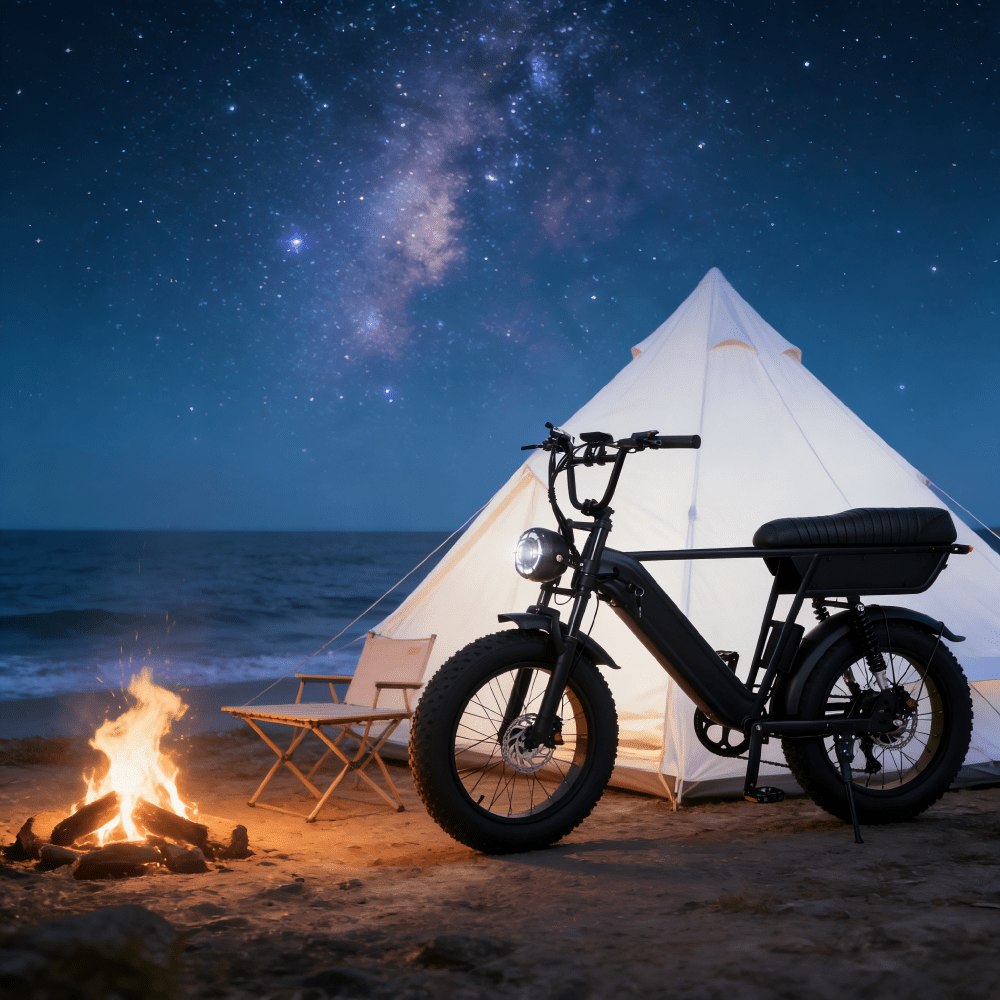 Fat bike elettrica YANGOR Y20 Plus vista di lato in colore nero in un ambiente serale