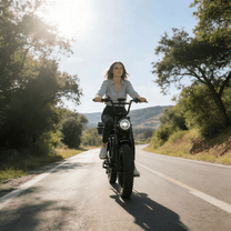Donna alla guida della fat bike elettrica YANGOR Y20 Plus di fronte in colore nero su strada