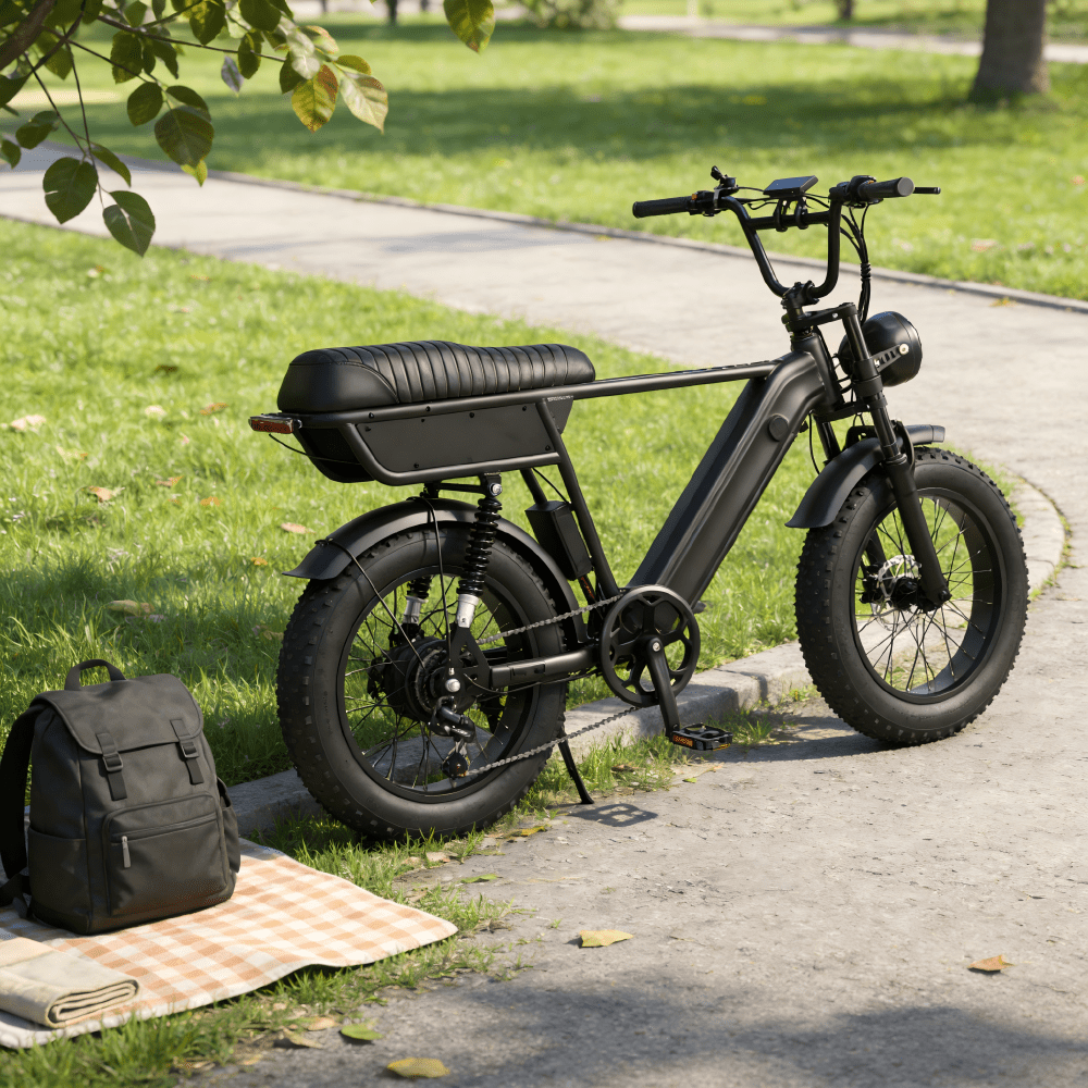 Fat bike elettrica YANGOR Y20 Plus vista di lato in colore nero in un parco