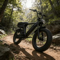 Fat bike elettrica YANGOR Y20 Plus vista di tre quarti in colore nero nel bosco al sole