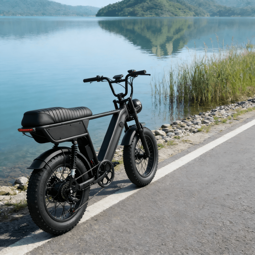 Fat bike elettrica YANGOR Y20 Plus vista di lato in colore nero in riva a un lago