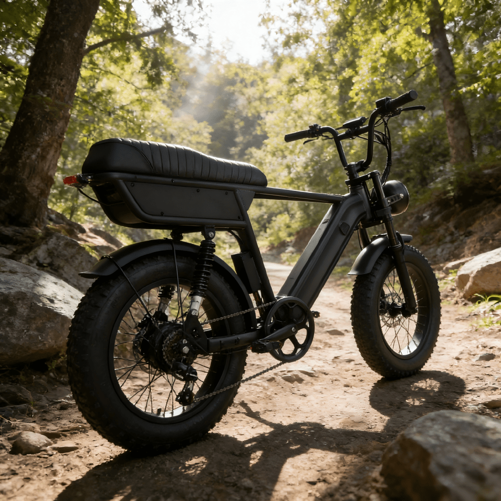 Fat bike elettrica YANGOR Y20 Plus vista di tre quarti in colore nero su un sentiero