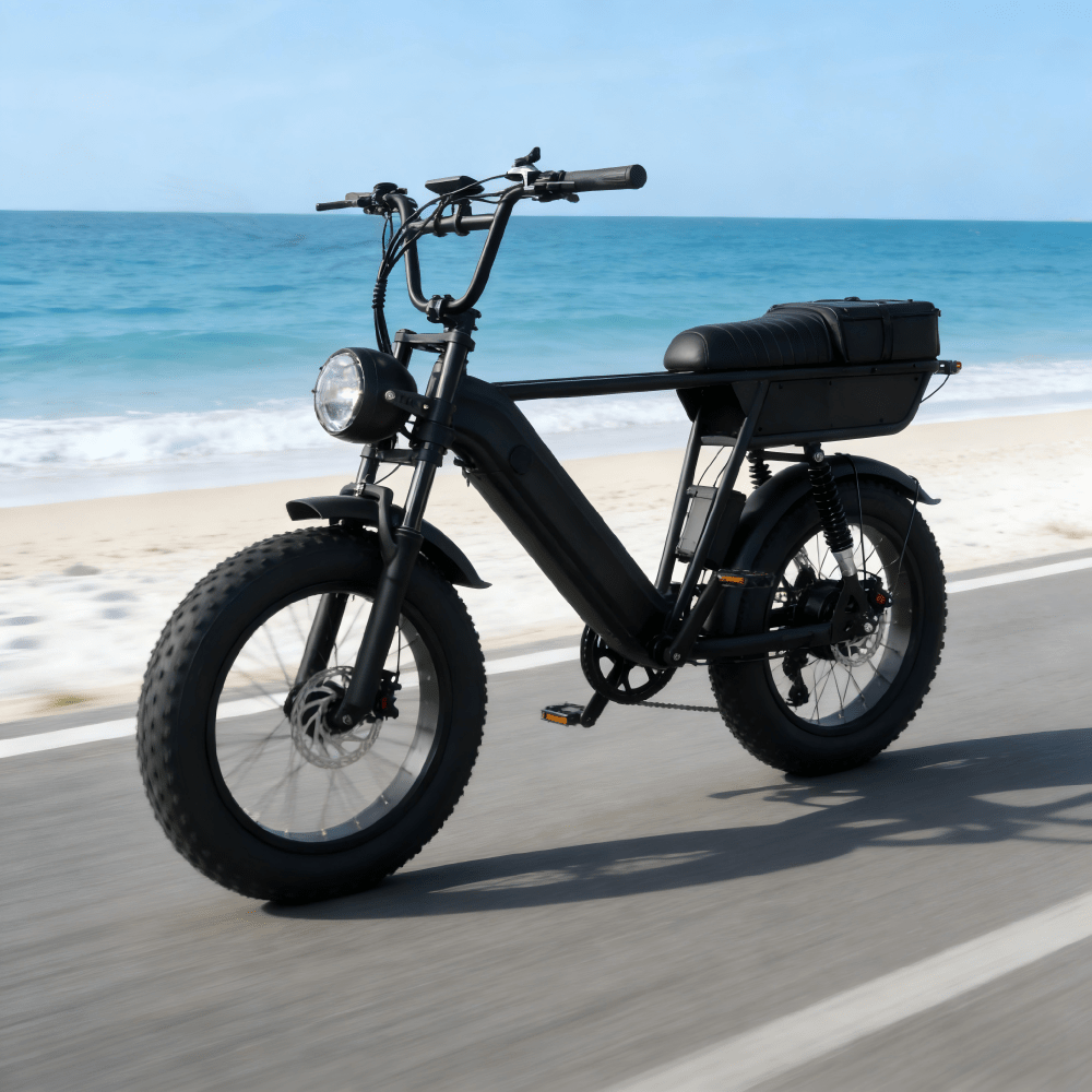 Fat bike elettrica YANGOR Y20 Plus vista di tre quarti in colore nero in riva al mare