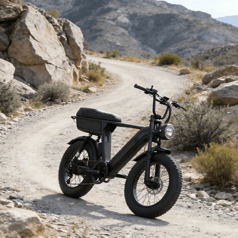 Fat bike elettrica YANGOR Y20 Plus vista di tre quarti in colore nero in montagna